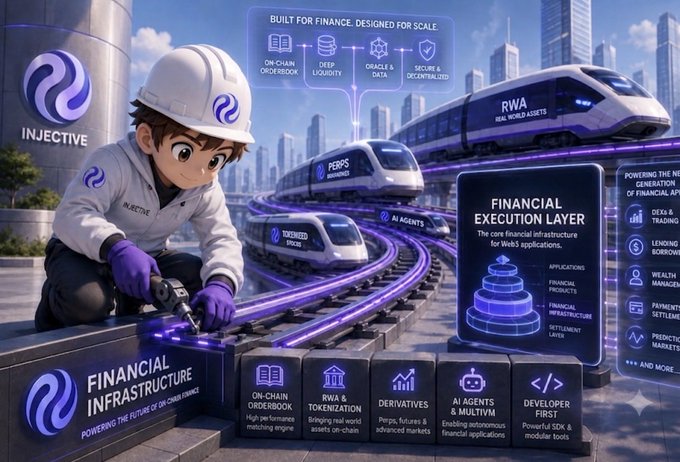 A cartoon character in an "Injective" branded hard hat and gloves works on glowing purple tracks labeled "Financial Infrastructure" alongside sleek trains representing "RWA," "Perps," and "Unlimited Pools," with a sign reading "Financial Execution Layer — The core financial infrastructure for Web3 applications." The image visualizes the post's thesis that Injective is evolving from a simple Layer 1 into core Web3 financial infrastructure, with its tracks powering on-chain orderbooks, RWAs, derivatives, and AI agents.
