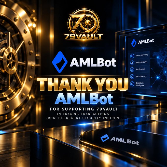 A promotional thank-you graphic from 79VAULT to AMLBot for helping trace transactions from a recent security incident.