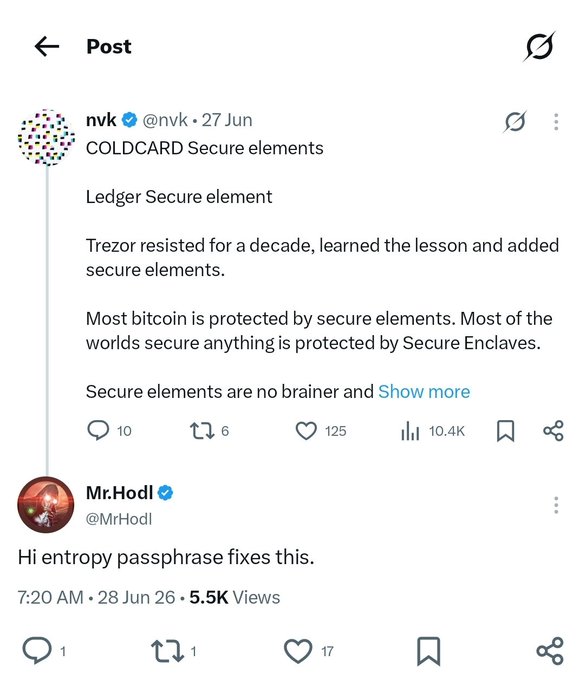 A Twitter/X post by nvk (@nvk) discussing COLDCARD security elements and secure elements used in Ledger, Trezor, and Bitcoin protection, with a reply from Mr. Hodl (@MrHodl) saying 'Hi entropy passphrase fixes this.'
