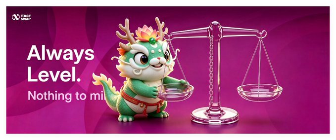 A 3D-rendered green and white dragon character wearing a crown stands beside a set of pink translucent scales on a magenta background, with text reading 'Always Level. Nothing to mix' and a 'Fact Snap' logo.