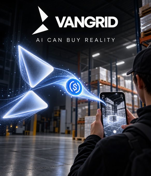 An advertisement for VANGRID featuring the tagline 'AI CAN BUY REALITY' showing a person in a warehouse using a smartphone that projects a digital token symbol.