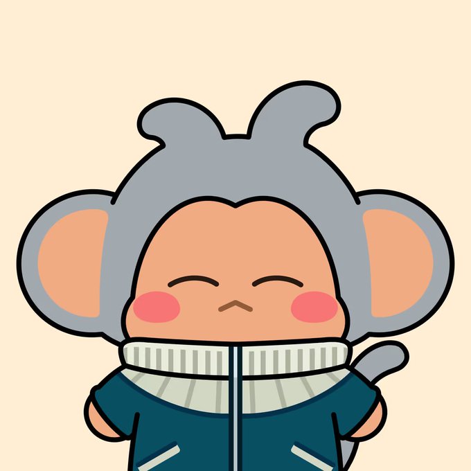 A cute cartoon illustration of a gray mouse-like character with large round ears, closed smiling eyes, and pink blushing cheeks, wearing a teal and white jacket.