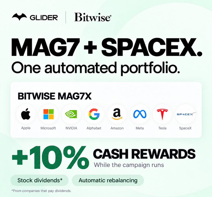 An advertisement for Bitwise's BITWISE MAG7X ETF by Glider, offering an automated portfolio of MAG7 stocks plus SpaceX (Apple, Microsoft, NVIDIA, Alphabet, Amazon, Meta, Tesla, SpaceX) with +10% cash rewards, stock dividends, and automatic rebalancing.