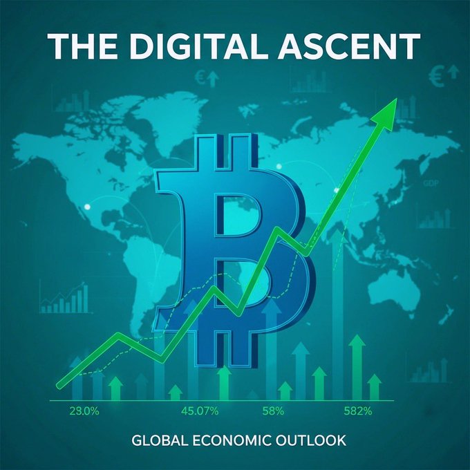 The image features a blue Bitcoin symbol positioned above a world map with green arrows pointing upwards, indicating an upward trend or growth. The text "THE DIGITAL ASSENT" is written at the top of the image, while "GLOBAL ECONOMIC OUTLOOK" is written below it. This combination suggests that the Bitcoin's value has been steadily increasing over time and could potentially impact global economic trends.