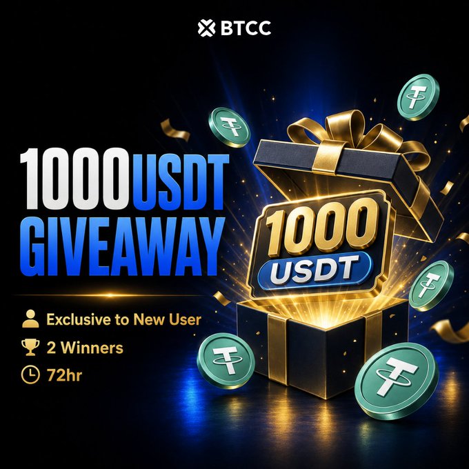 This promotional graphic announces a "1000 USDT GIVEAWAY" on BTCC, featuring a golden gift box with a blue ribbon surrounded by green Tether coins, set against a dark sparkling background.

Additional details highlight the offer as "Exclusive to New User," with "2 Winners" and a "72hr" timeframe, directly matching the post's call-to-action for new users to sign up, deposit $200+, and complete a futures trade to qualify.