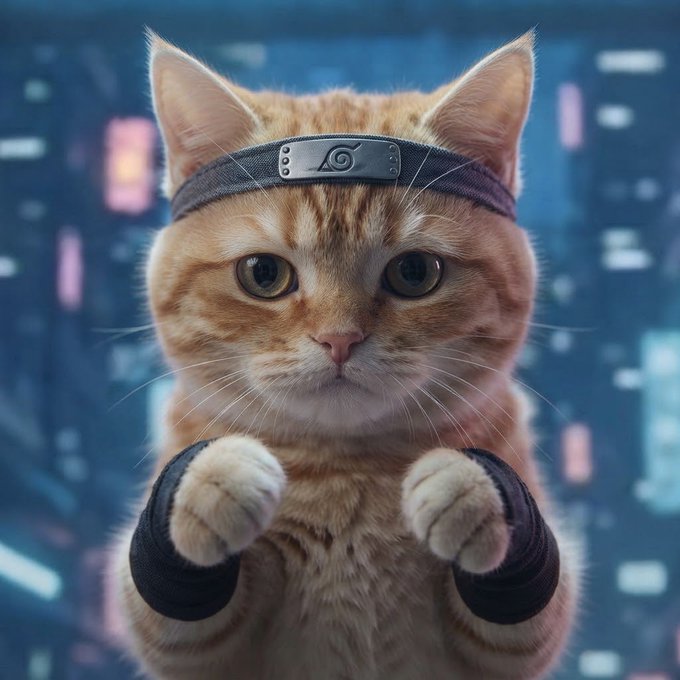 An adorable orange tabby kitten dressed as a ninja with a Konoha headband and black wrist wraps, posed in a fighting stance against a blurred futuristic cityscape background.