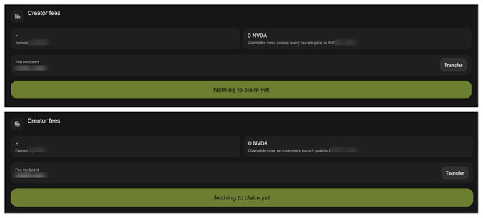Two identical screenshots of a 'Creator fees' dashboard showing 0 NVDA earned and a green button stating 'Nothing to claim yet,' with transfer options for fee recipients.
