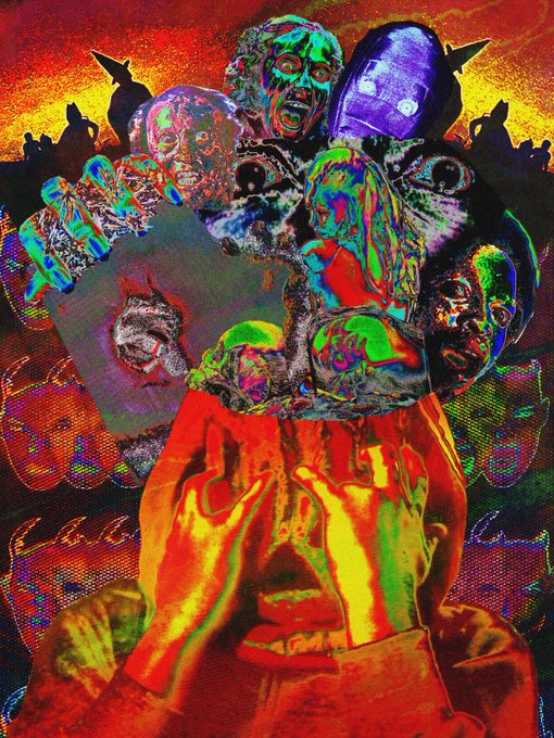 A psychedelic, glitch-style digital artwork featuring a central figure with hands raised, surrounded by distorted screaming faces and vibrant rainbow colors against a fiery background.