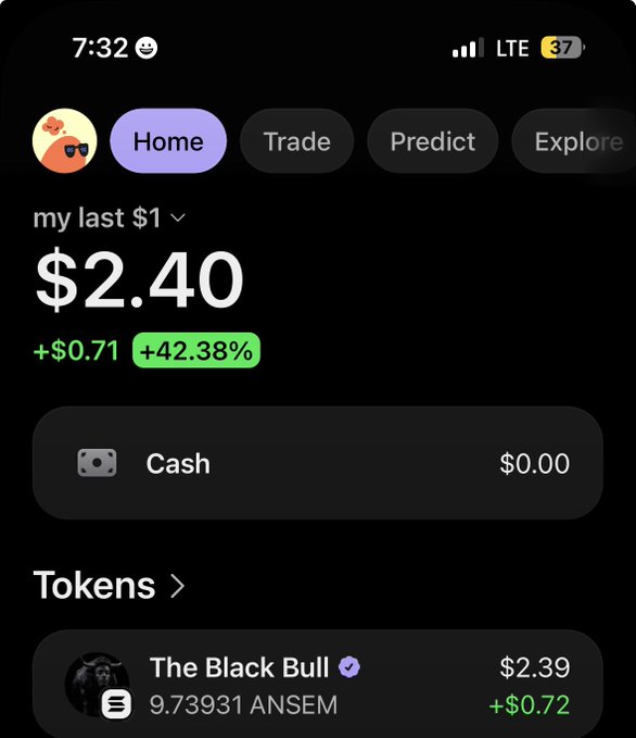 A screenshot of a crypto portfolio app showing "my last $1" grew to **$2.40 (+$0.71, +42.38%)**, with the main holding being "The Black Bull" token (**9.73931 ANSEM**) valued at $2.39 (+$0.72), illustrating the modest gains the poster is hoping will one day turn into a $100 airdrop.