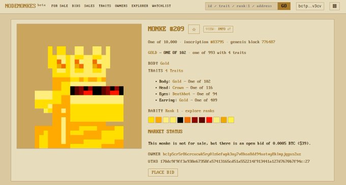 A beta screenshot of the Monkedex marketplace showing Monke #209, a Gold-monked rarity rank 1 CryptoPunk-style NFT with 4 traits (Gold Body, Crown, Deathbot, Earring), featuring a 170x140 pixel pixelated orange and yellow artwork alongside its UTXO listing and a 0.0005 BTC open bid.
