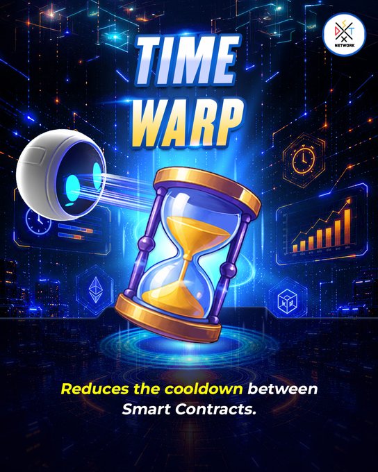 A promotional graphic titled 'TIME WARP' featuring a glowing hourglass with golden sand and a futuristic device projecting blue energy, with text reading 'Reduces the cooldown between Smart Contracts.' and an 'XX NETWORK' logo in the corner.