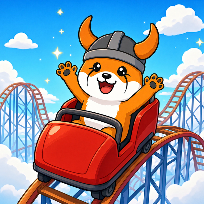 A cartoon illustration of a happy Shiba Inu dog wearing a Viking helmet, riding a red roller coaster cart through the clouds against a bright blue sky.