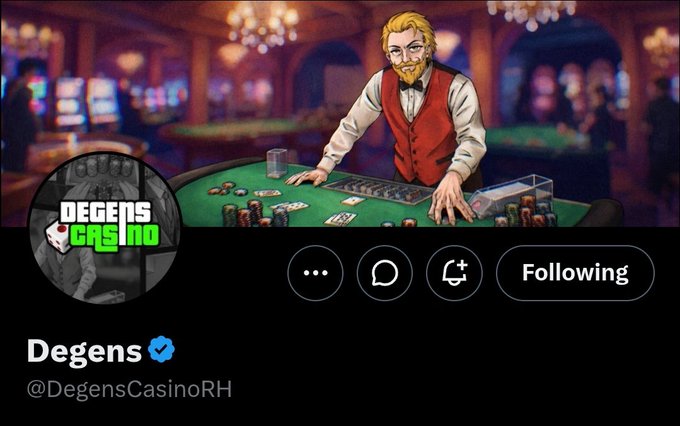A Twitter/X profile for 'Degens' (@DegensCasinoRH) with a verified blue checkmark, featuring artwork of a bearded dealer at a casino table and showing a 'Following' button.
