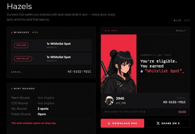 A dashboard for 'Hazels' displays 'Winnings Won' including a '1x Whitelist Spot' and a BTD Race result card showing the user 'JIMO' earned a 'Whitelist Spot'.