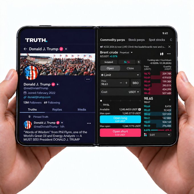 A person holds open a foldable smartphone displaying the TRUTH social media app showing Donald J. Trump's profile (@realDonaldTrump) on the left screen and a cryptocurrency perpetual futures trading interface for Brent crude (BZUSDT) on the right screen.