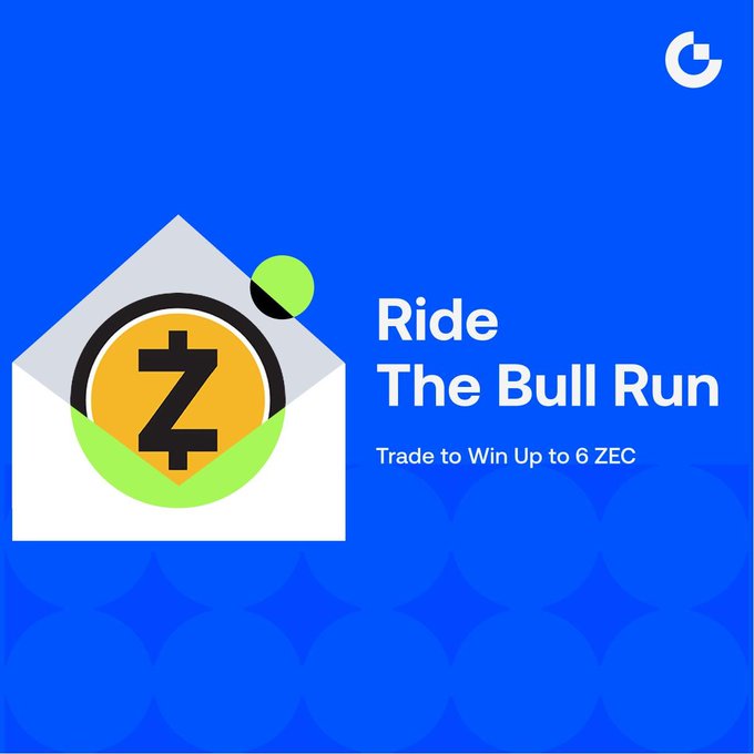 A promotional banner on a blue background features the Zcash (ZEC) coin logo emerging from an envelope, accompanied by the text "Ride The Bull Run – Trade to Win Up to 6 ZEC," visually representing the trading competition that rewards users with ZEC for completing futures trades and climbing the trading volume challenge.
