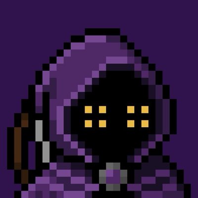 A pixel art character wearing a purple hooded robe with a black face featuring yellow glowing eyes and mouth dots, holding a brown staff.