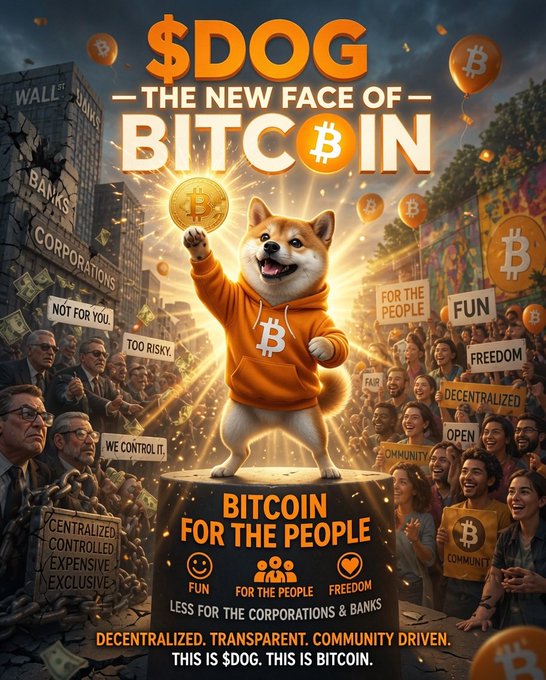 A promotional-style graphic titled '$DOG - THE NEW FACE OF BITCOIN' featuring a Shiba Inu in a Bitcoin hoodie standing on a podium reading 'BITCOIN FOR THE PEOPLE', surrounded by protesters holding signs like 'WE CONTROL IT', 'FREEDOM', 'DECENTRALIZED', with the tagline 'THIS IS $DOG. THIS IS BITCOIN.'