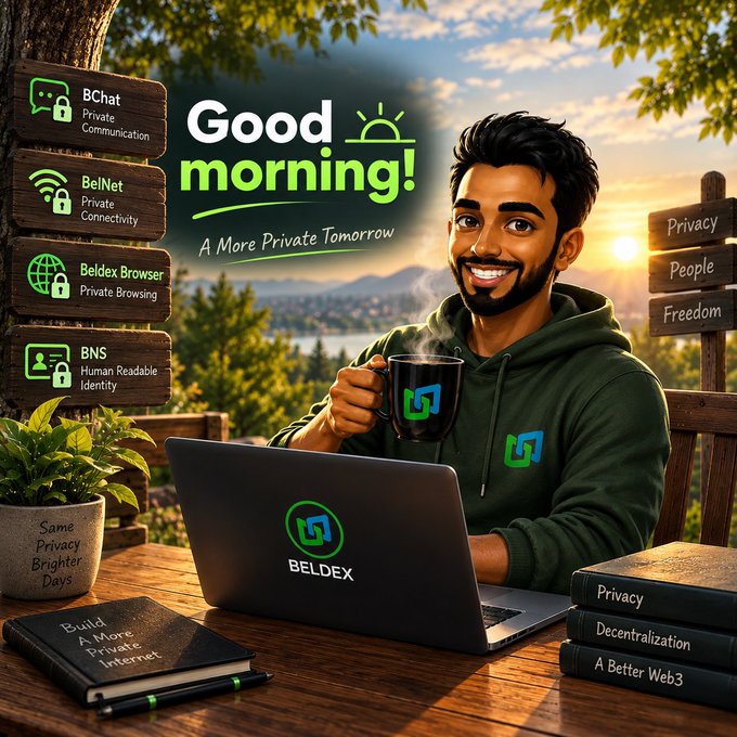 An advertisement for 'Beldex' privacy tools, featuring a smiling man using a laptop with coffee, surrounded by signs listing products like 'BChat', 'BelNet', 'Beldex Browser', and 'BNS'.