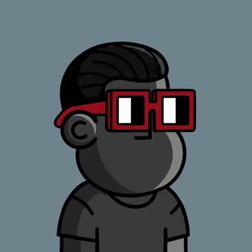 A digital illustration of a dark-skinned character wearing red-rimmed glasses and a black shirt, shown from the chest up against a gray background.