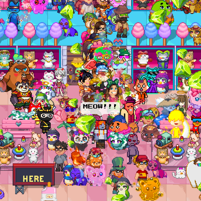 A dense crowd of colorful pixel-art characters in a pink-themed room, with a speech bubble reading 'MEOW!!!' and a sign labeled 'HERE'.