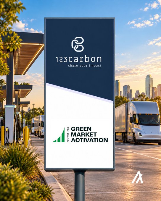 An outdoor advertising billboard displays '123carbon share your impact' at the top and 'CENTER FOR GREEN MARKET ACTIVATION' at the bottom, set against a backdrop of electric trucks and a city skyline.