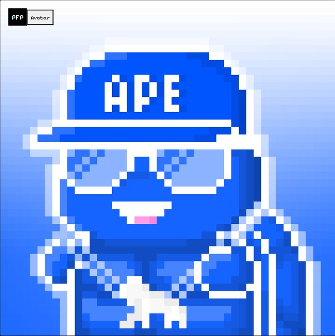 The image features a cartoon character wearing sunglasses, a hat, and holding a gun. The character has a white face with black eyes and a pink nose. The background of the image is a gradient transitioning from blue at the top to white at the bottom. The caption below the image reads "I bleed @apecoin blue. $APE".