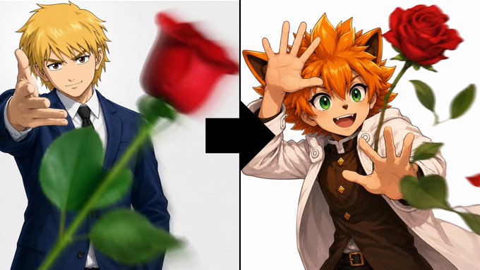 An anime-style illustration split in two, with an arrow pointing from a blonde character in a suit reaching forward to an orange-haired character with cat ears holding a red rose.