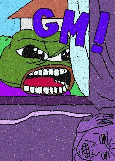Pepe the Frog meme illustration with an angry expression, bared teeth, and bold purple 'GM!' text overlay, with another Pepe character visible below.