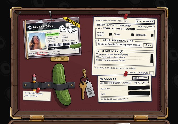 A pixel-art style 'Fomies Activity Record' file showing 'goezzy_world' access pass with details on points, referral link, X-activity, and wallets for Solana and EVM.