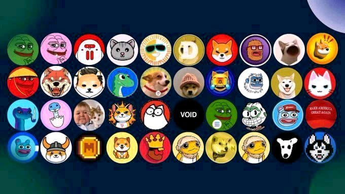 A grid displaying various circular meme-themed profile pictures, including Pepe the Frog, Doge, Wojak, and a black circle labeled 'VOID'.
