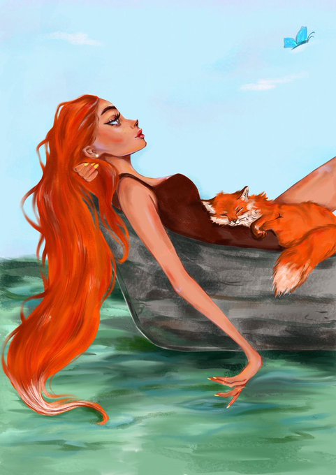 A digital illustration of a red-haired woman in a brown swimsuit reclining in water with a sleeping orange fox resting on her, while a blue butterfly flies overhead.