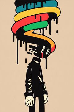A stylized illustration of a figure in a black hoodie with rainbow paint dripping from their head, featuring "X" eyes against a beige background.