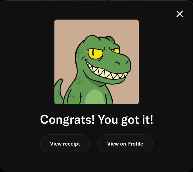 A confirmation screen displays a cartoon green dinosaur mascot above the message "Congrats! You got it!" with "View receipt" and "View on Profile" buttons, celebrating a successful mint of a Chomperz NFT for 0.005 ETH.