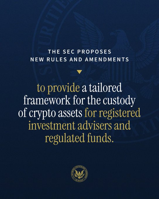 A dark blue graphic featuring the SEC's eagle seal watermark, displaying the text: "THE SEC PROPOSES NEW RULES AND AMENDMENTS to provide a tailored framework for the custody of crypto assets for registered investment advisers and regulated funds," illustrating the Commission's announcement of new crypto custody rules.
