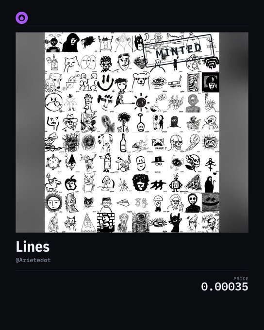An NFT listing titled "Lines" by @Arietedot featuring a black-and-white collage of various hand-drawn sketches and characters, priced at 0.00035.