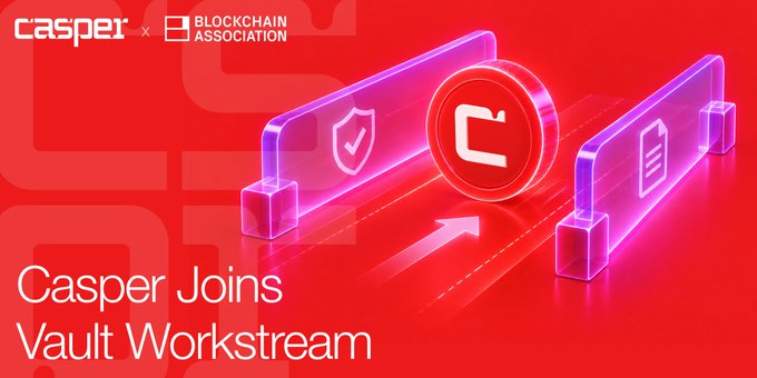 The image is a promotional graphic with a red background featuring the Casper and Blockchain Association logos in the top left corner, alongside a central 3D illustration of a glowing purple and pink vault barrier with a Casper coin passing through it, symbolizing security and financial access. The text "Casper Joins Vault Workstream" appears in white at the bottom, reinforcing the announcement of Casper's participation in the Blockchain Association's Vaults Workstream to collaborate with the SEC on evolving onchain finance regulations.