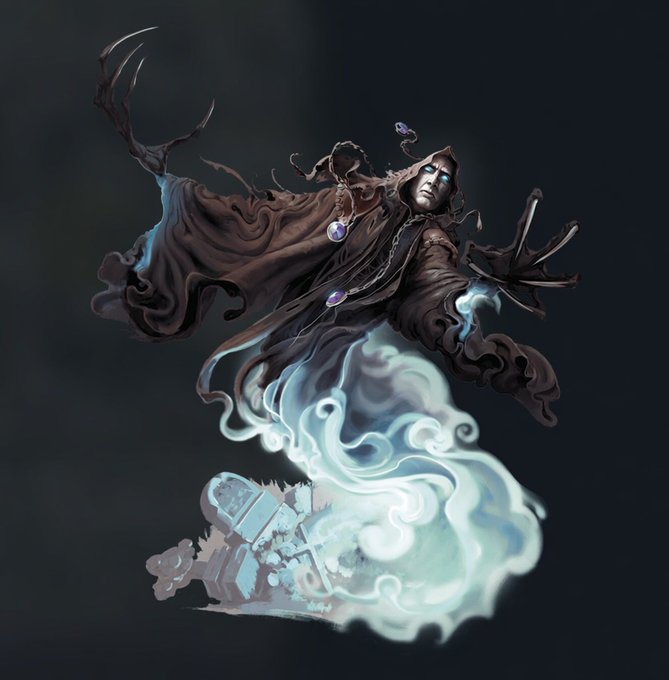 A dark fantasy illustration of a hooded sorcerer or necromancer figure with clawed hands, floating amid swirling blue ghostly mist and glowing orbs.