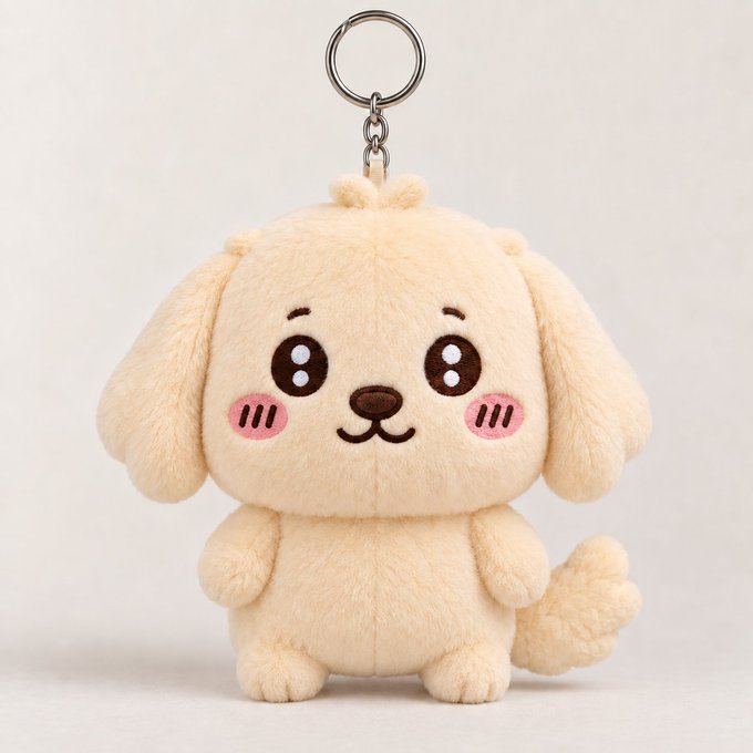 A cute beige plush dog keychain with floppy ears, pink blushing cheeks, and a metal keyring on top is displayed against a white background.