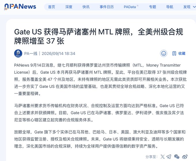 A PANews article in Chinese titled 'Gate US 获得马萨诸塞州 MTL 牌照，全美州级合规牌照增至 37 张' announces that Gate US received a Money Transmitter License in Massachusetts, dated 2026/09/14.