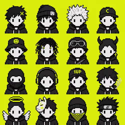 A yellow-background illustration showing a grid of 16 pixel-art character avatars with various hairstyles, hats, and accessories.