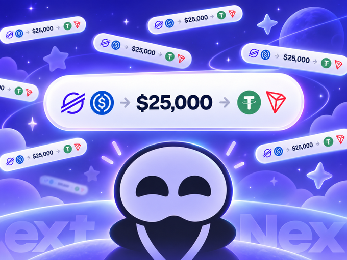 A promotional graphic for a crypto airdrop showing a masked character surrounded by floating transaction bubbles depicting $25,000 swaps from a purple logo (Stellar) to USDT, with partial text reading 'ext' and 'Nex' at the bottom.