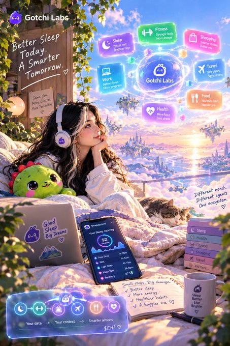 A promotional graphic for 'Gotchi Labs' featuring a woman with headphones, a laptop displaying 'Good Sleep Big Dreams', and floating tags for various life aspects like Sleep, Fitness, Health, and Travel, with the tagline 'Better Sleep Today. A Smarter Tomorrow.'