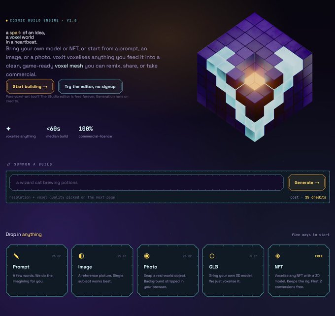 The homepage of 'Cosmic Build Engine V1.0', a platform to generate 3D voxel art from prompts, images, or photos, showing options like Prompt, Image, Photo, GLB, and NFT.