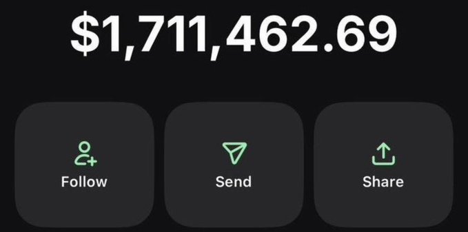 The image displays a balance of $1,711,462.69 alongside Follow, Send, and Share buttons on a dark-themed app interface, suggesting a crypto wallet or giveaway platform. This visually supports the post's giveaway, where participants are asked to drop their $SOL address, like, retweet, and follow within 12 hours for a chance to win a share of the displayed funds.