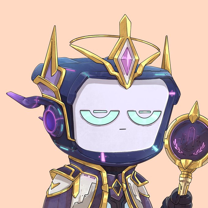 A futuristic character featuring a TV-monitor head with a purple gem crown and matching ornate scepter, embodying the "Future" trait from the Blokyz collection. The robotic figure wears regal dark armor accented with gold trim and displays a smug expression, reflecting the high-tech aesthetic of the trait.