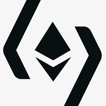 A black and white logo featuring a stylized geometric design resembling a diamond shape flanked by angular brackets, likely an Ethereum-related emblem.