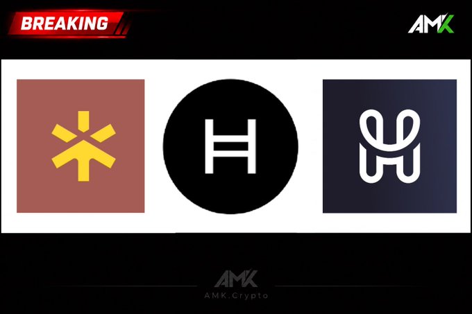 A news graphic with "BREAKING" banner and "AMK" logo displays three crypto logos: a red square with a yellow symbol, a black circle with white "H", and a dark blue square with a stylized "H", credited to AMK.Crypto.