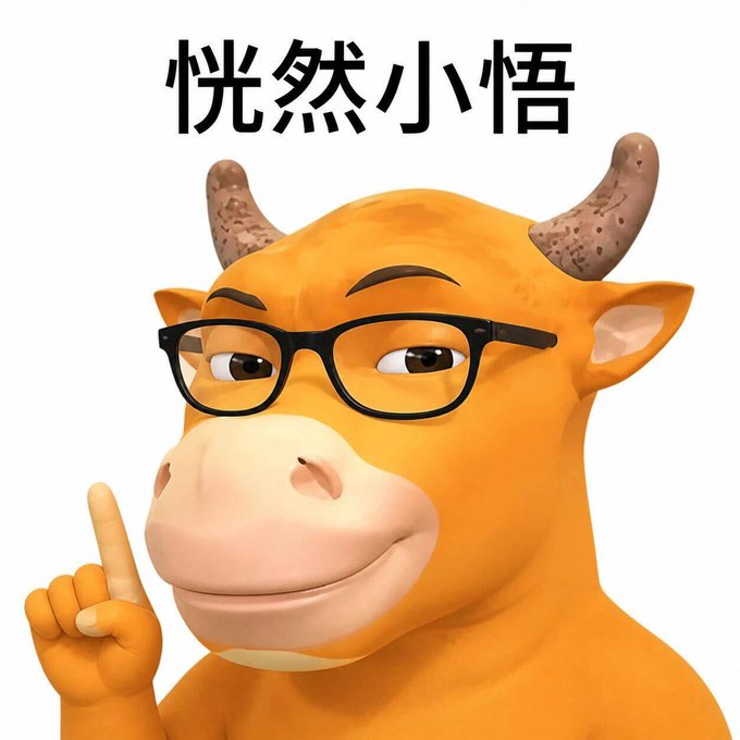 A cartoon orange bull wearing black glasses raises its index finger thoughtfully beneath the Chinese text "恍然大悟" (meaning "sudden realization" or "aha moment"). The image complements the post's message about meme longevity, with the bull's contemplative gesture symbolizing a moment of clarity about why most memes become outdated while others endure.