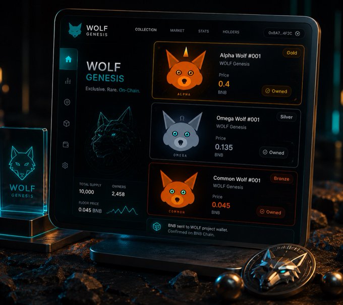 The image displays the WOLF Genesis NFT collection dashboard on a laptop, featuring tiered NFTs including Alpha Wolf #001 (Gold, 0.4 BNB), Omega Wolf #001 (Silver, 0.135 BNB), and Common Wolf #001 (Bronze, 0.045 BNB), with stats showing a total supply of 10,000 and 2,458 owners. The "Owned" status badges and exclusive on-chain branding visually reinforce the post's emphasis on the rarity and utility-based value of the $WOLF Genesis NFTs.